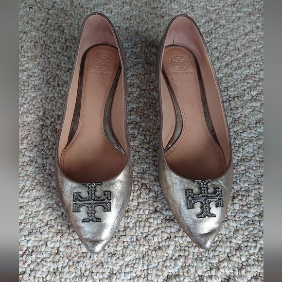Tory Burch Metallic Leather Crystal Embellishments Ballet Flats size 9M - Picture 1 of 12